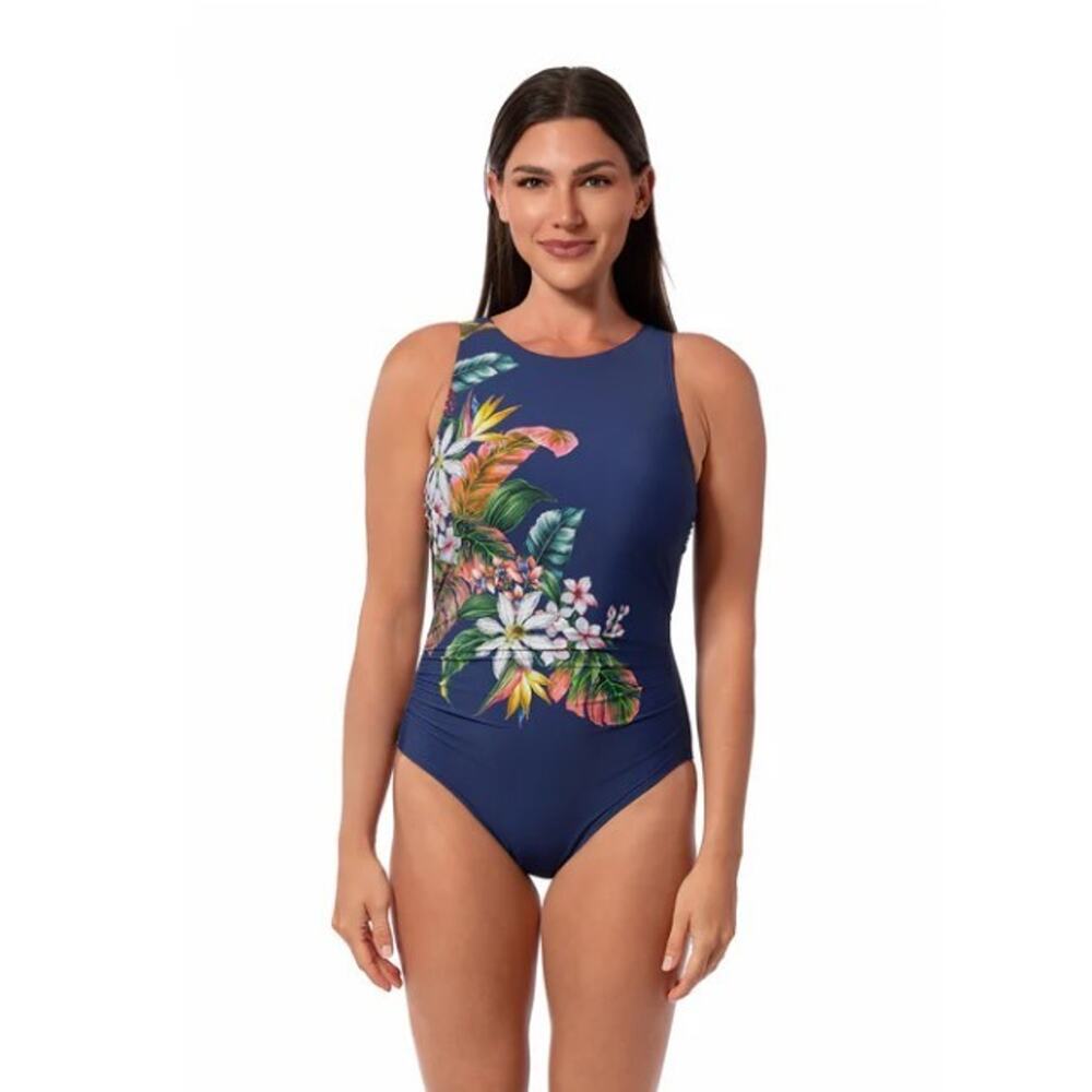 NWT $105! Jantzen High Neck Swimsuit 12 L Blue Floral One Piece Built‑In Bra
